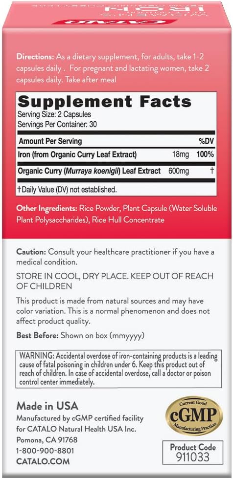 CATALO Iron Supplement for Women with Organic Curry Leaf - Gentle, High Absorption, Vegetarian-Friendly, Stomach-Easy Formula - 60 Tablets