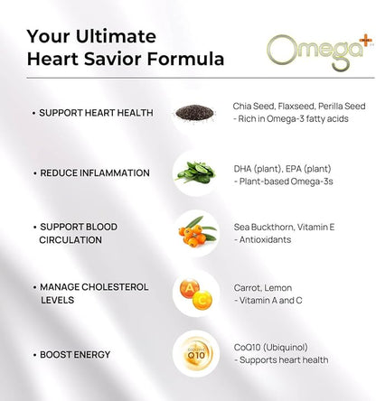Omega Plus 2.0 - Vegan Omega 3-6-9 | 30s x 10g | Supports General Wellness & Circulation | Burpless, No Fishy Smell | Plant-Based | Easy to Digest | Vegan DHA, EPA, CoQ10