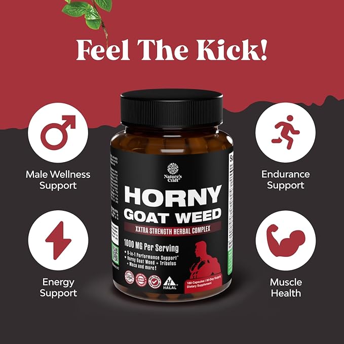 Horny Goat Weed for Men Enhancement - Extra Strength Male Enhancing Supplement with Black Maca Root, Tongkat Ali, Saw Palmetto & Panax Ginseng Extract for Stamina & Energy - 180 Capsules