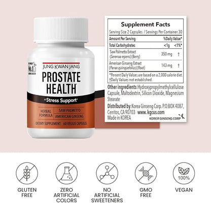 JungKwanJang Prostate Health with Saw Palmetto and American Ginseng for Prostate, Stamina, Hair Loss Support, dht Blocker, All-Natural Supplement, 60 Capsules for Men & Women