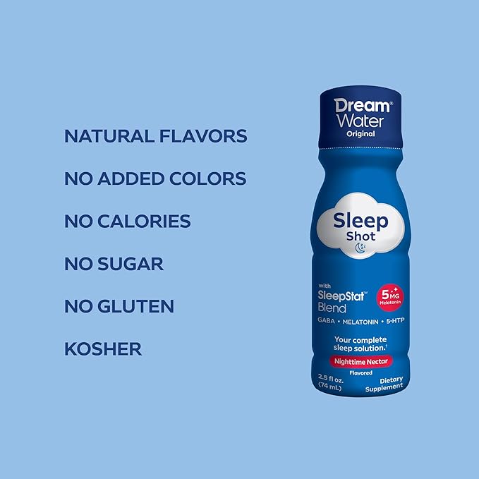 Dream Water Sleep Aid Supplement Drink; Melatonin 5mg, GABA, 5-HTP; Zero sugar, Natural flavors, No added colors, 2.5 oz liquid sleep shots, Nighttime Nectar, 24-Count