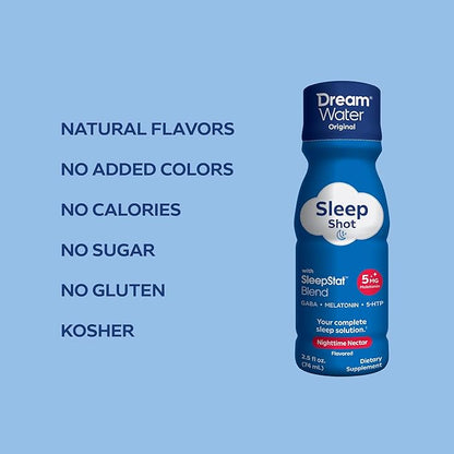 Dream Water Sleep Aid Supplement Drink; Melatonin 5mg, GABA, 5-HTP; Zero sugar, Natural flavors, No added colors, 2.5 oz liquid sleep shots, Nighttime Nectar, 24-Count