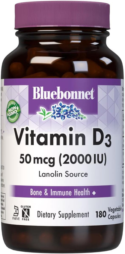 Bluebonnet Nutrition Vitamin D3 2000 IU Vegetable Capsule, Aid in Muscle and Skeletal Growth, Cholecalciferol from Lanolin, D3, Non GMO, Gluten Free, Soy Free, Milk Free, Kosher, 180 Vegetable Capsule
