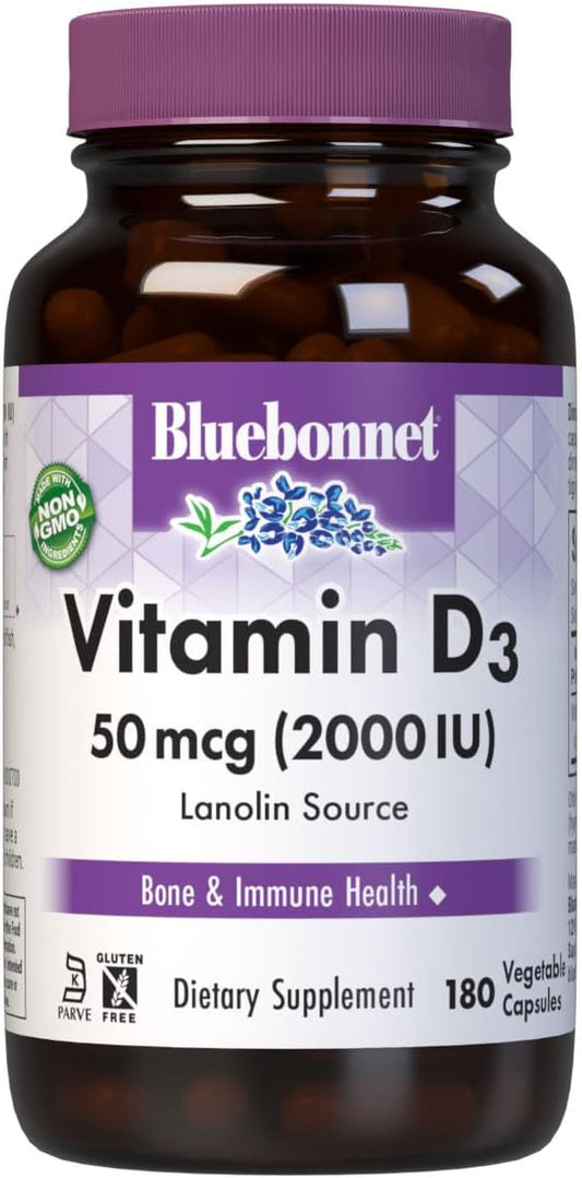 Bluebonnet Nutrition Vitamin D3 2000 IU Vegetable Capsule, Aid in Muscle and Skeletal Growth, Cholecalciferol from Lanolin, D3, Non GMO, Gluten Free, Soy Free, Milk Free, Kosher, 180 Vegetable Capsule