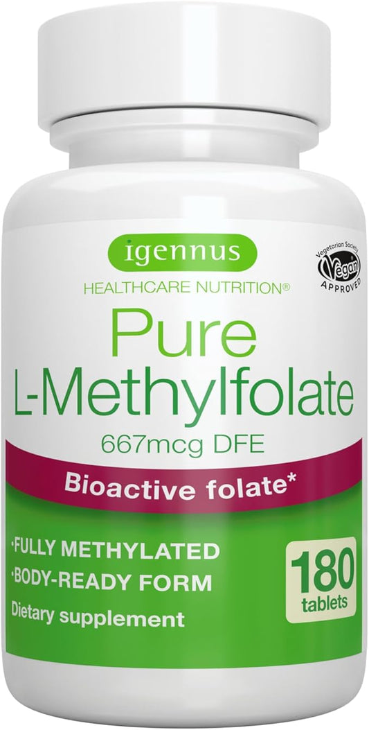 Igennus Pure Methylfolate 667 mcg DFE, Optimized Folate 400 mcg, No Silicon Dioxide, MTHFR Supplement for Women & Men, 180 Small Tablets, Lab Verified, Vegan & Hypoallergenic
