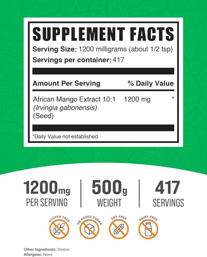 BulkSupplements.com African Mango Extract Powder - Irvingia Gabonensis, African Mango Powder - Gluten Free, 1.2g per Serving, 500g (1.1 lbs) (Pack of 1)