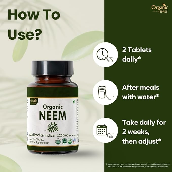 NEEM 120 Tablets | Azadirachta Indica (Neem) | USDA Organic Certified | Healthy Skin and Detox | Organic and Natural 120tab - Pack of 2