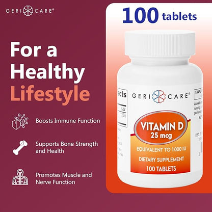 GeriCare Vitamin D 25mcg Tablets, Promotes Healthy Bones & Immune Support, Dietary Supplement, 100 Count (Pack of 1)