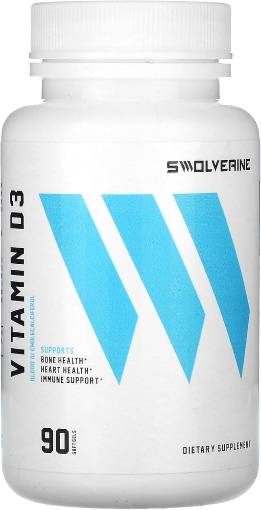 Swolverine Vitamin D3 | Healthy Muscle Function, Bone Health, Immune Support, Mood Support, 10000 IU Encapsulated in Olive Oil for Optimal Absorption (90 Soft Gels)