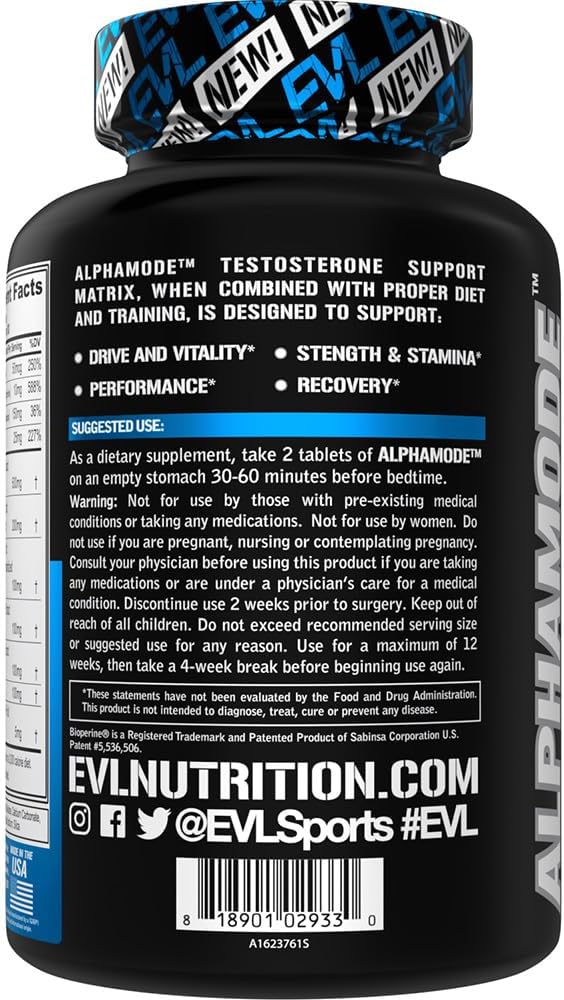 Evlution Nutrition Alphamode - Support Matrix for Men - Performance + Recovery Supplement Strength + Stamina Support - Vitamin D3 & B6, Ashwagandha Root & Horny Goat Weed Extract - 30 Servings