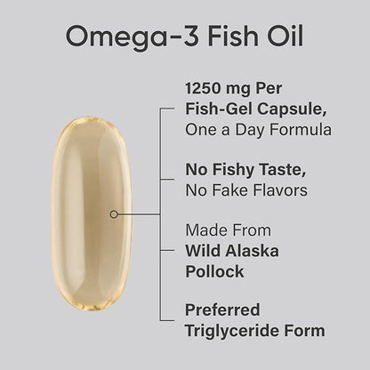 Sports Research Triple Strength Omega 3 Burpless Fish Oil 1250mg from Wild Alaska Pollock, Vitamin D3 5000 IU with Coconut MCT Oil (125mcg) and Vegan Biotin 5000mcg Vitamin B7-30 Softgels Each