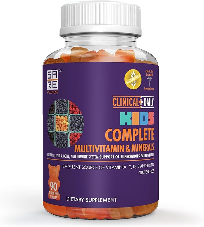 Clinical Daily Complete Kids Multivitamin Daily Gummy Supplement for Brain, Vision, Bone and Immune Health. Vitamins A, C, E,D,B6,B12, Folate, Biotin, Essential Minerals. 90 Gluten Free Yummy Gummies