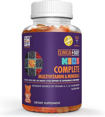 Clinical Daily Complete Kids Multivitamin Daily Gummy Supplement for Brain, Vision, Bone and Immune Health. Vitamins A, C, E,D,B6,B12, Folate, Biotin, Essential Minerals. 90 Gluten Free Yummy Gummies