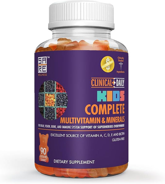 Clinical Daily Complete Kids Multivitamin Daily Gummy Supplement for Brain, Vision, Bone and Immune Health. Vitamins A, C, E,D,B6,B12, Folate, Biotin, Essential Minerals. 90 Gluten Free Yummy Gummies