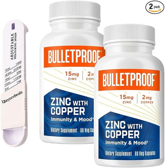 Zinc with Copper, 15mg, 60 Capsules - Immune Support & Mood Enhancer with Balanced 30mg Zinc and 2mg Copper, Non-GMO, Gluten-Free, Bundle with Measuring Spoon [Pack of 2]