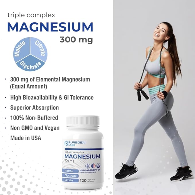 Puregen Labs Triple Magnesium Complex 300mg of Magnesium Glycinate, Malate, & Citrate [High Absorption] 120 Veg Capsules | No Harmful Additives | Non-GMO, NO Gluten and Dairy | Made in USA