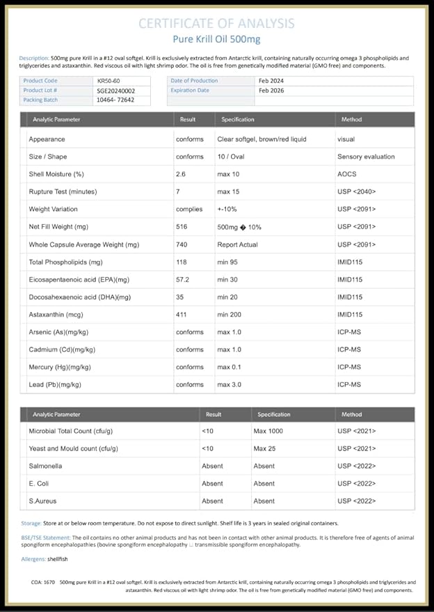 Antarctic Krill Oil Softgels 100% Pure with Omega-3 EPA DHA Astaxanthin 1000mg per Day (2 Softgels). Made in The USA