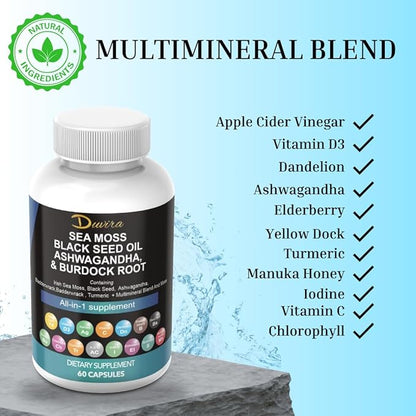 Sea Moss 3000mg Black Seed Oil 2000mg Ashwagandha 1000mg Turmeric 1000mg Bladderwrack 1000mg Burdock 1000mg & Vitamin C & D3 with Elderberry Manuka Dandelion Yellow Dock Iodine Chlorophyll ACV