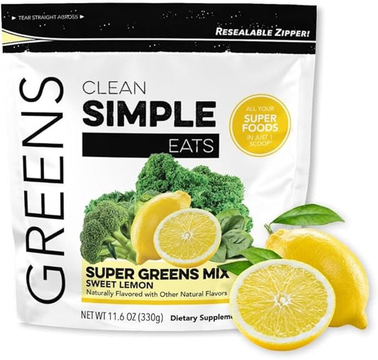 Clean Simple Eats Sweet Lemon Greens Powder Mix, Superfood Smoothie & Juice Mix, Gluten Free, With Powerhouse Superfoods Chlorella & Spirulina Organic (30 Servings)