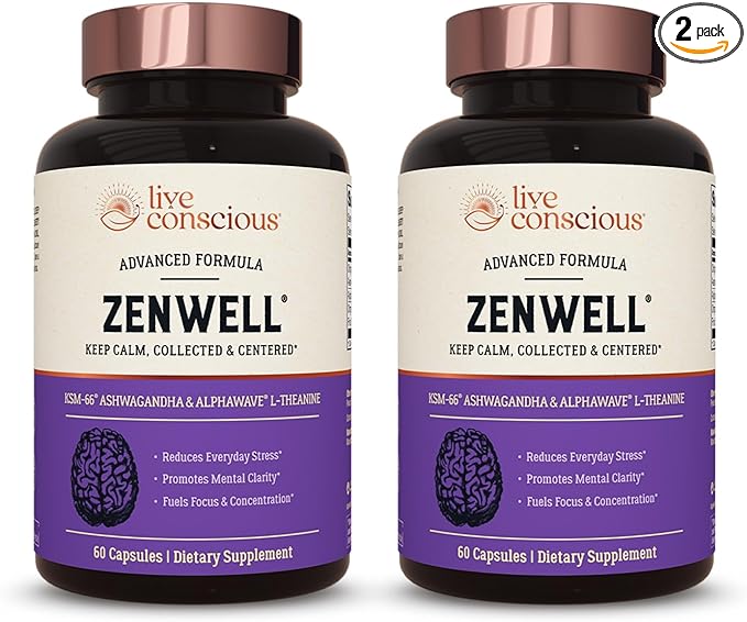 Live Conscious KSM-66 Ashwagandha Supplement w/L Theanine & AlphaWave - ZenWell Everyday Stress Relief, Cognitive, Brain Health - Ashwagandha for Men & Women - 60 Capsules (2-Pack)