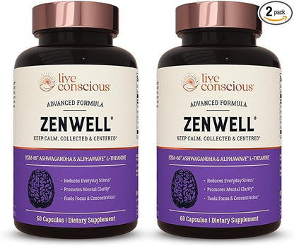 Live Conscious KSM-66 Ashwagandha Supplement w/L Theanine & AlphaWave - ZenWell Everyday Stress Relief, Cognitive, Brain Health - Ashwagandha for Men & Women - 60 Capsules (2-Pack)