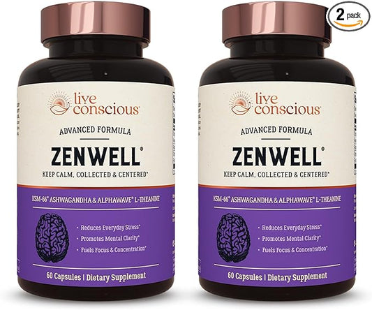 Live Conscious KSM-66 Ashwagandha Supplement w/L Theanine & AlphaWave - ZenWell Everyday Stress Relief, Cognitive, Brain Health - Ashwagandha for Men & Women - 60 Capsules (2-Pack)