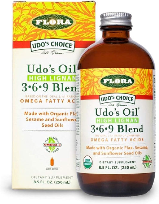 Flora - Udo's Oil High Lignan 3-6-9 Blend - Supports Immune, Brain, Eye & Heart Health - Contains Coconut, Sesame, Flaxseed & Sunflower Oils - Keep Chilled - Non-GMO & Vegan - 8.5 fl. oz.