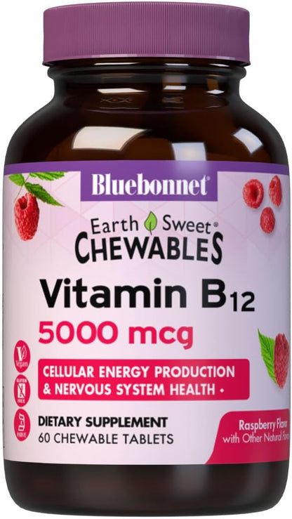 BlueBonnet Nutrition Earth Sweet Vitamin B12 5000 mcg Chewable Tablets, Soy-Free, Gluten-Free, Kosher Certified, Dairy-Free, Vegan, Raspberry Flavored, 60 Chewable Tablets, 60 Servings