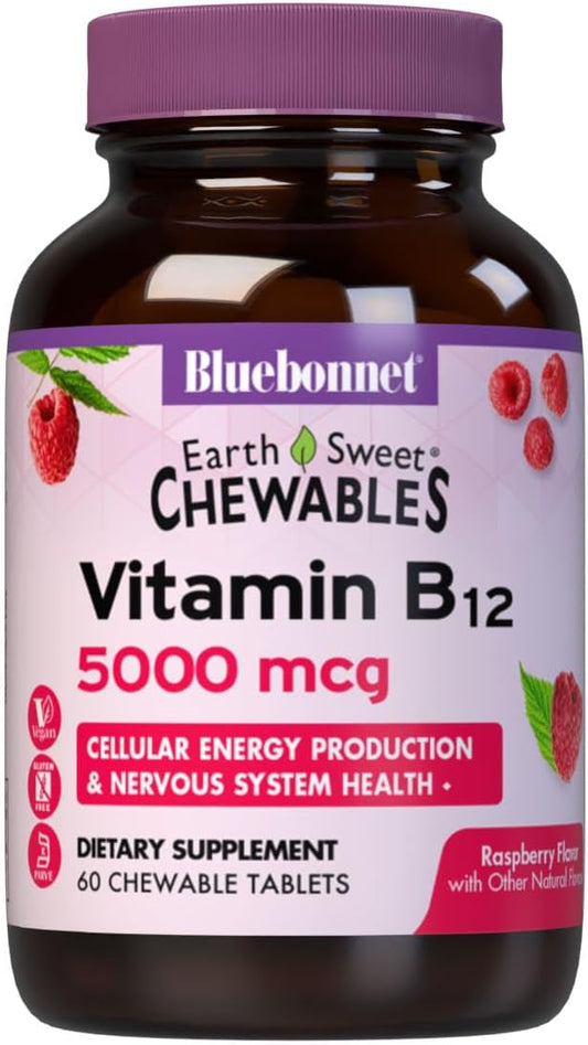 BlueBonnet Nutrition Earth Sweet Vitamin B12 5000 mcg Chewable Tablets, Soy-Free, Gluten-Free, Kosher Certified, Dairy-Free, Vegan, Raspberry Flavored, 60 Chewable Tablets, 60 Servings