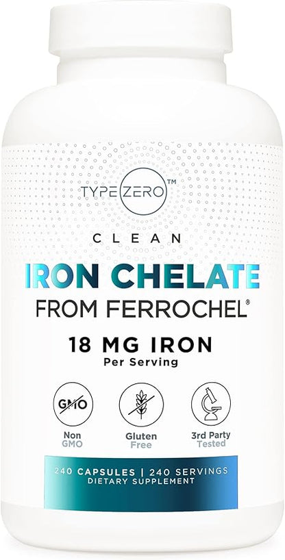 Type Zero Iron Chelate Capsules (18 MG, 240 CAPS) from Ferrochel - Non-GMO and Gluten Free