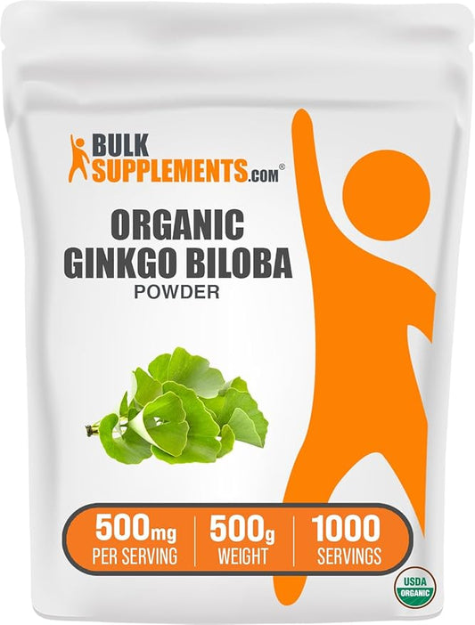 BulkSupplements.com Organic Ginkgo Biloba Powder - Ginkgo Biloba Supplements, Ginkgo Biloba Organic - from Ginkgo Biloba Leaf, Vegan - 500mg per Serving, 500g (1.1 lbs) (Pack of 1)