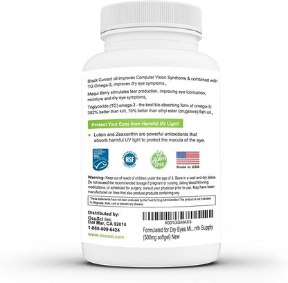 Formulated for Dry Eyes Mini-softgels of Ultra pure Omega-3, Black Currant Oil, Maqui Berry, Lutein, Zeaxanthin, Vitamins B12 and D3 (2 Month (180 mini softgels)