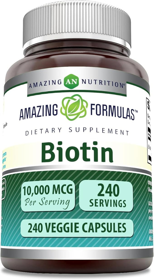 Amazing Formulas Biotin 10000 Mcg Veggie Capsules | Vitamin B7 Supplement | Non-GMO | Gluten Free | Made in USA (240 Count)