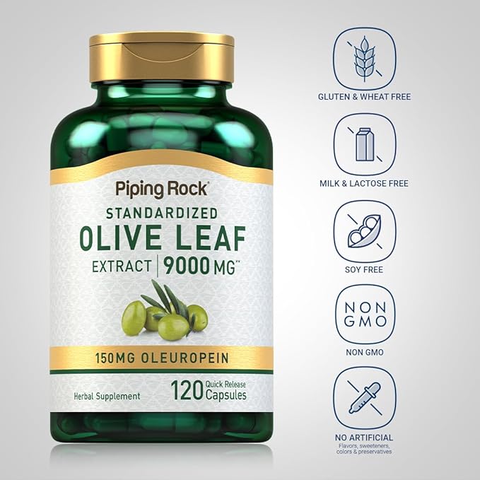Piping Rock Olive Leaf Extract Capsules | 9000mg | 120 Pills | 150mg Oleuropein | Standardized Herbal Supplement | Non-GMO, Gluten Free