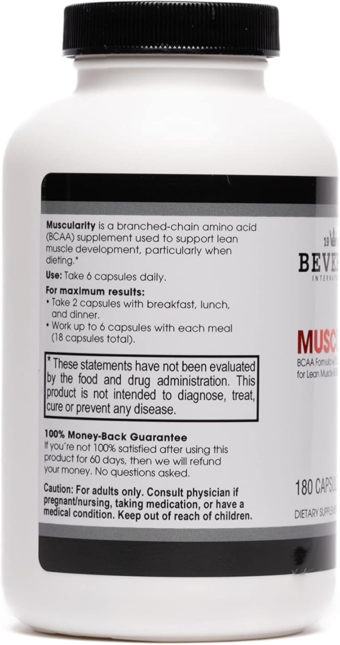 Beverly International Muscularity Specialty BCAA Formula, 180 Capsules. Branched Chain Amino Acids + Chromium Picolinate, B6-B12. Improves Energy Metabolism - Muscle Recovery - Muscle Guard.