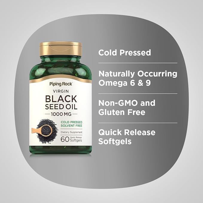 Piping Rock Black Seed Oil Softgel Capsules | 1000mg | 60 Pills | Cold Pressed Solvent Free | Non GMO, Gluten Free Supplement