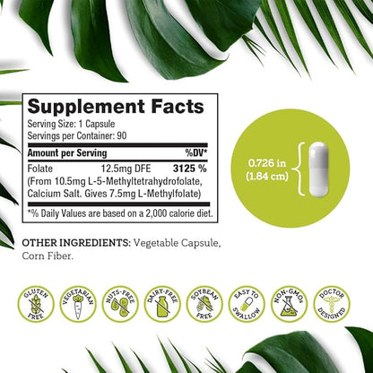 DSO L Methylfolate 7.5mg (5 MTHF Supplement) - 90 Vegan Capsules (7.5 mg) - Active L Methyl Folate Supplement for Homocysteine Control - Folic Acid Vitamin - Eco-Friendly Packaging