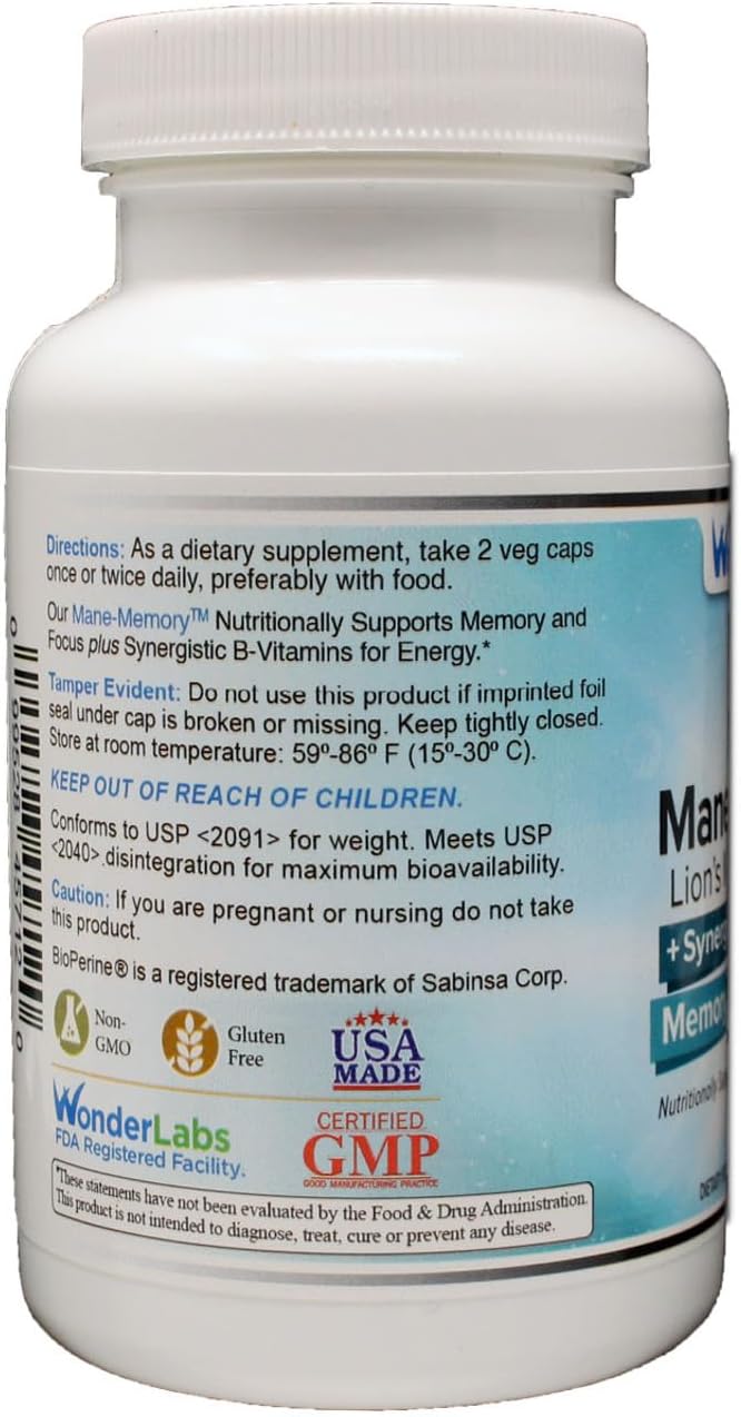 Lions Mane Mushroom 1100mg Mycelium & Fruting Body - Nutritionally Supports Memory and Brain Function Plus Essential B-Complex for Energy - 120 Capsules