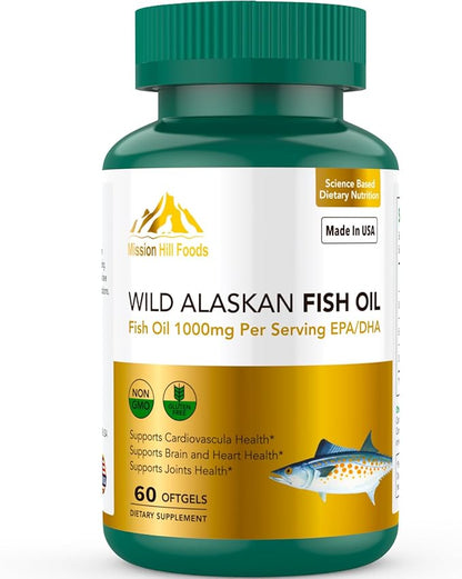 Omega-3 Wild Alaskan Fish Oil (1000mg) | Supports Heart, Brain & Joint Health (1 Bottle-60 Softgels-2mo Supply) | High EPA & DHA | Non-GMO & Gluten Free