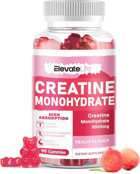Creatine Monohydrate Gummies 5000mg for Men & Women, Chewables Creatine Monohydrate for Muscle Strength, Muscle Builder, Energy Boost, Pre-Workout Supplement-90 Peach Gummies