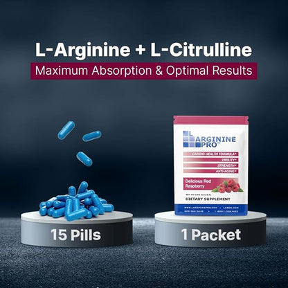 L-ARGININE PRO Supplement Powder | 60 Packets Single Serve Travel Size | 5,500mg of L-arginine Plus 1,100mg L-Citrulline, Raspberry & Orange