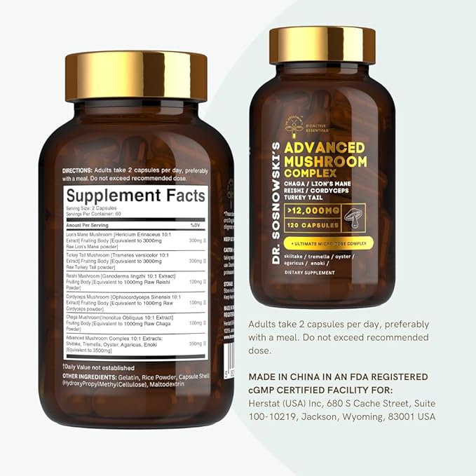 Dr Sosnowski's BioActive Mushroom Complex Lion's Mane, Cordyceps, Chaga, Turkey Tail, Reishi with Potent Extracts of Shiitake, Tremelia, Oyster, Agaricus & Enoki | 120 Capsules