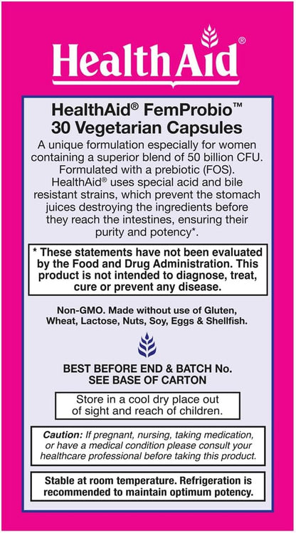 FemProbio, 50 Billion with Prebiotic, 30ct, Helps with Vaginal Support, Acid & Bile Resistant, Lactose, Gluten, GMO Free, Vegetarian