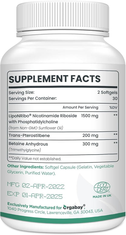 Liposomal Nicotinamide Riboside 2000 MG with TMG and Pterostilbene, Boosting NAD+, Support Healthy Aging, 60 Count