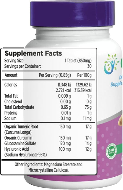Dietary supplement for joints | With hyaluronic acid, turmeric, glucosamine sulfate and magnesium oxide | Promotes joint mobility, lubrication and flexibility | 30 capsules of 850 mg each