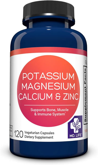 MD. Life Potassium Magnesium Zinc Calcium Supplement – Supports Bone Health & Muscle Health – Promotes Calcium Absorption and Immune Function – Magnesium Potassium Zinc Aspartate - 120 Capsules