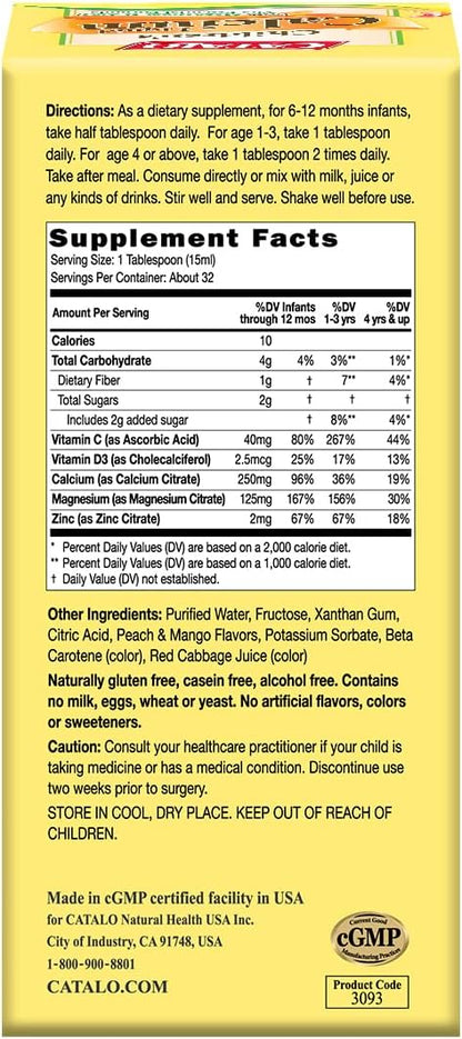 CATALO Children’s Liquid Calcium Magnesium Zinc, Peach and Mango Flavor, Multi-Minerals for Bone & Teeth for Kids Calcium, Kids Zinc, No Artificial Colors & Flavors