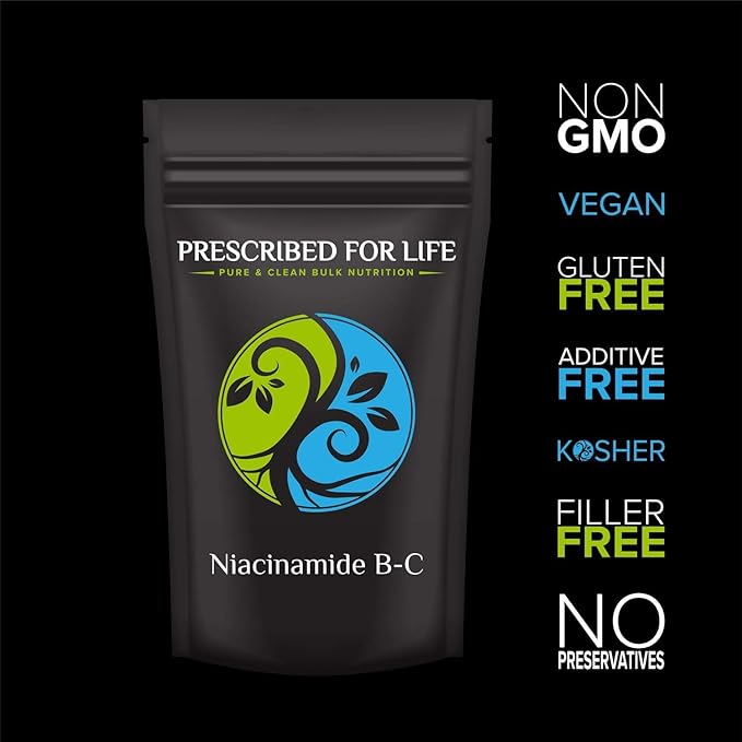 Prescribed For Life Niacinamide Powder (B-C), Fine Granular USP Grade Vitamin B3 Powder, Natural Nicotinamide Supplement, Gluten Free, Non GMO, Vegan, Niacinamida Pura (10kg / 22lb)