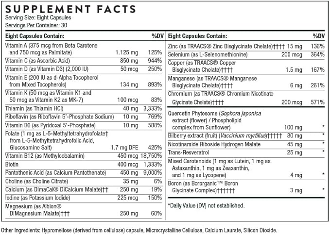 THORNE Advanced Nutrients - Multivitamin and Mineral Supplement with Nicotinamide Riboside Hydrogen Malate - Foundational Support, Healthy Aging and Eye Health* - 240 Capsules - 30 Servings