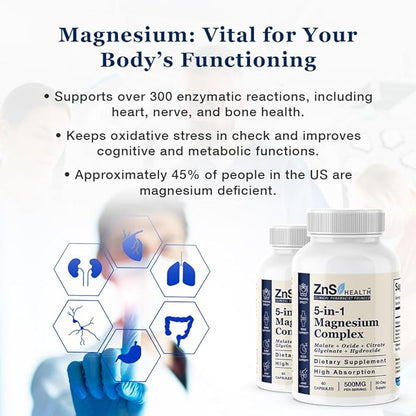 5-in-1 Magnesium Complex Spectrum 5 Magnesium Glycinate from ZnS Health, Malate, Citrate, Oxide, Hydroxide for Energy, Nerves, Muscles, Sleep, Joints, High Absorption 500 mg 60 Capsules Vegan Non-GMO